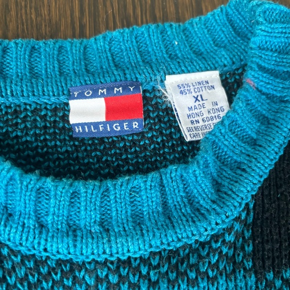 Tommy Hilfiger Sweater Mens XL linen Cotton Blend Heavy Weight Blue Black Checks - Picture 2 of 6